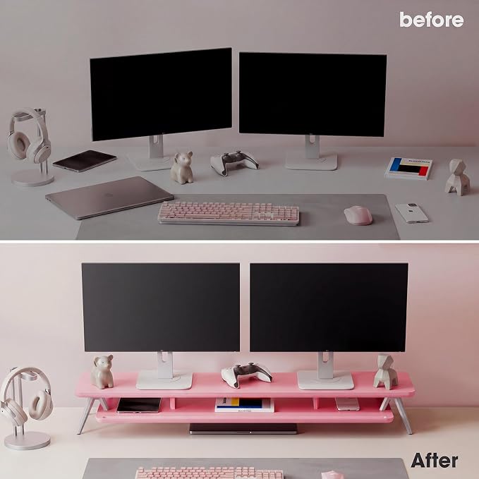 Fenge Dual Monitor Stand Riser, Wooden Desk Shelf with 2-Tier Storage | 42.5-Inch Wide, Sturdy Aluminum Legs, Built-In Phone & Tablet Slot, Desktop Organizer for Office Accessories - Image 8