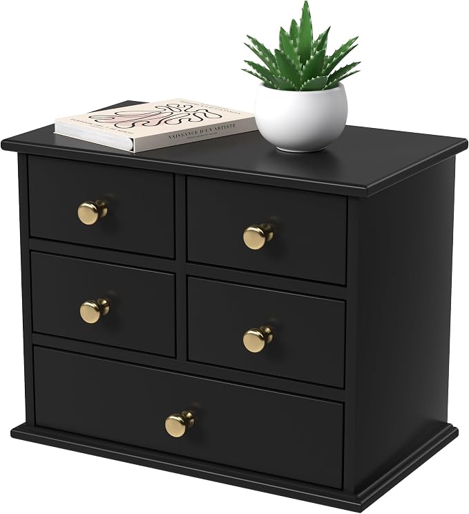 Oak Desk Organizer with Drawers, Durable Wooden Desktop Storage Box | 5 Drawer Tabletop Organizer with Metal Handles & Non-Slip Pads for Office, Bedroom, Bathroom, Vanity & Makeup Storage, Black by JNFUZ