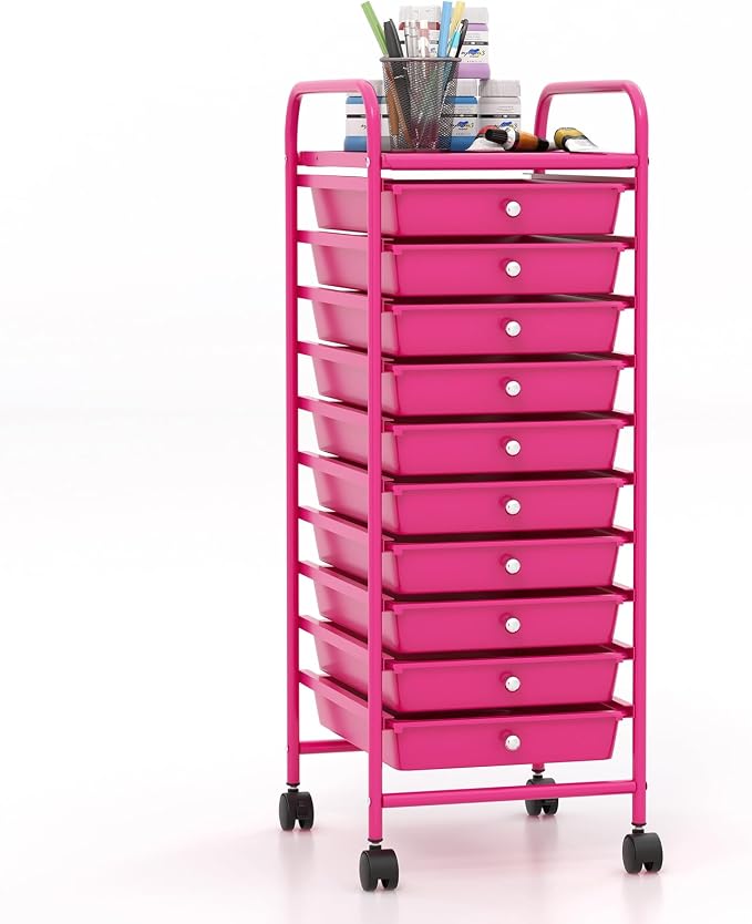 Giantex 10-Drawer Storage Cart w/Universal Wheel, Rolling Cart w/Handle, Home Organizer Storage Unit w/Removable Drawers, Trolley Utility Cart for Kitchen Makeup Living Room Office Play Room, Hot Pink by Giantex