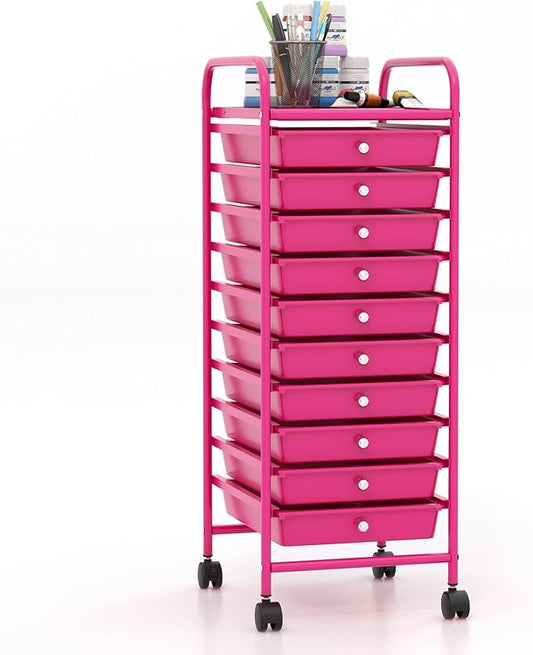 Giantex 10-Drawer Storage Cart w/Universal Wheel, Rolling Cart w/Handle, Home Organizer Storage Unit w/Removable Drawers, Trolley Utility Cart for Kitchen Makeup Living Room Office Play Room, Hot Pink by Giantex