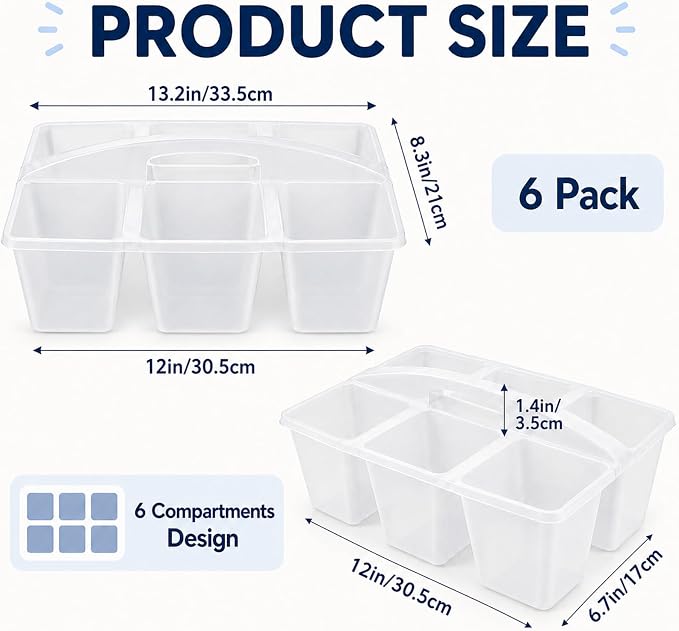 gisgfim 6 Pack Plastic Classroom Caddy with 6-Compartments Plastic Storage Caddies with Handle 6 Compartments Table Caddy Organizer Versatile Table Caddies for Classroom Office Storage, Clear Color - Image 2