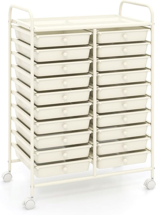 GOFLAME 20-Drawer Rolling Storage Cart, Multifunctional Art Craft Organizer, Mobile Utility Storage with Removable Drawers & Lockable Wheels, Craft Cart for Home Office, White