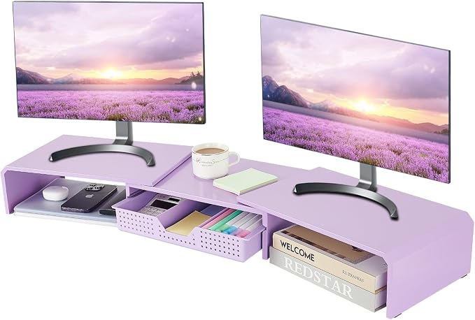 LEKETREE Dual Monitor Stand Riser with Drawer, Desk Organizer and Accessories, Metal Laptop Stand for Desk, Workspace Desktop Stand for Computer, Laptop, TV and More (Purple) by Stylishworkspaceeffortlessorganization