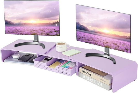 LEKETREE Dual Monitor Stand Riser with Drawer, Desk Organizer and Accessories, Metal Laptop Stand for Desk, Workspace Desktop Stand for Computer, Laptop, TV and More (Purple) by Stylishworkspaceeffortlessorganization