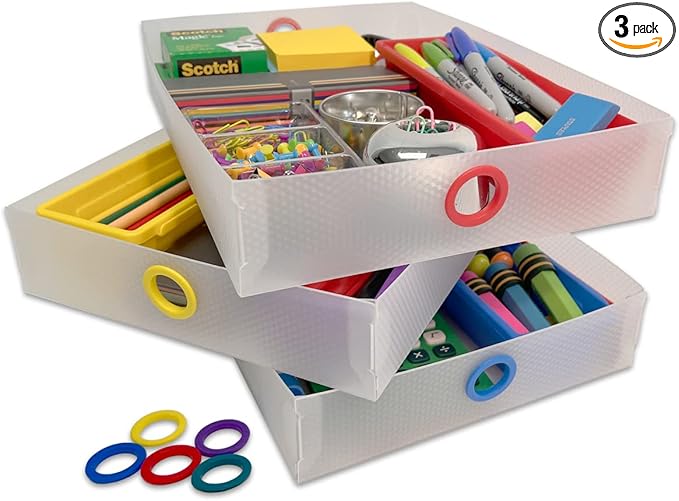 Ultimate Office TierDrop Supply Drawers, 9w x 12d x 2.25h, Set of 3, Clear | Color-coded finger rings for easy access to contents; stores desk accessories and supplies; designed for TierDrop organizers by UltimateOffice