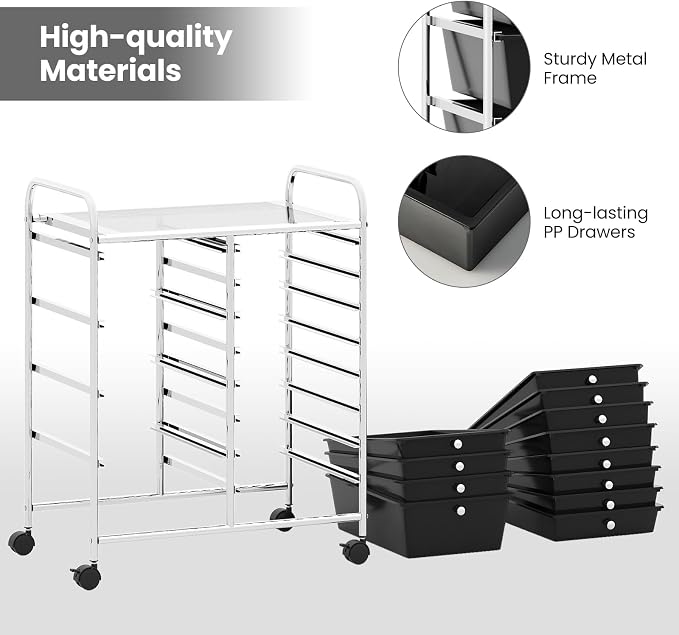 Giantex 12 Drawer Rolling Cart with Drawers, Storage Organizer Cart for Classroom Office School Teacher, Mobile Drawer Cart for Tools, Crafts, Small Printer, Black - Image 8