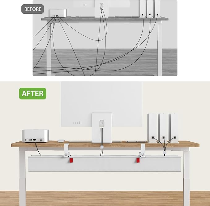 KEEGH Extra Large 48" Under Desk Cable Management Tray - Under Desk Cord Management - Clamp/Screw Mount - Support Upto 70lbs - Fabric Wire Management - Cable Raceways Cord Hider for Office/Home, White