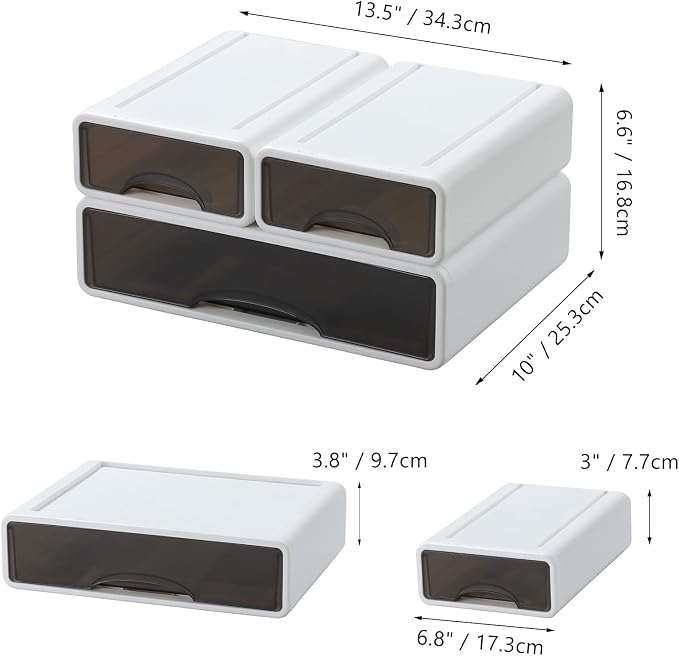 White Desktop Drawer Organizer Unit for Office Paper and Supplies | White, 1 Large & 2 Small Drawers for Stationery Paper Clip Binder Pencil, Stackable Multi Storage Drawers, Tabletop Craft Box - Image 3