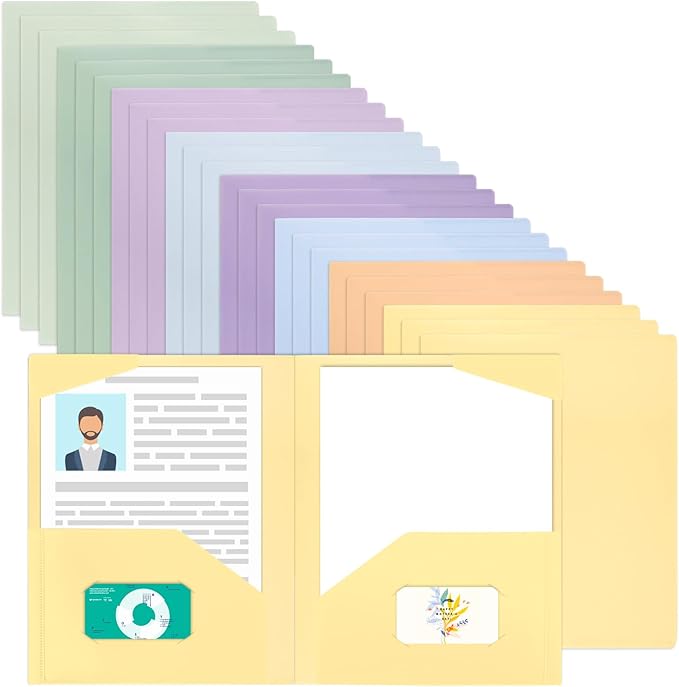 EOOUT 24pcs Plastic Folders with Pockets, Heavy Duty Pocket Folders, 2 Pocket File Folders with 2 Business Card Holder, 8 Colors, Letter Size, A4 Size, for Office School Filing Supplies by EOOUT