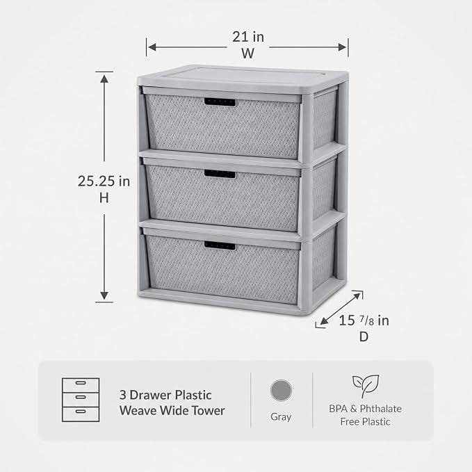 3-Drawer Storage Tower, Gray Woven Plastic Organizer with Pull Handles - Image 3