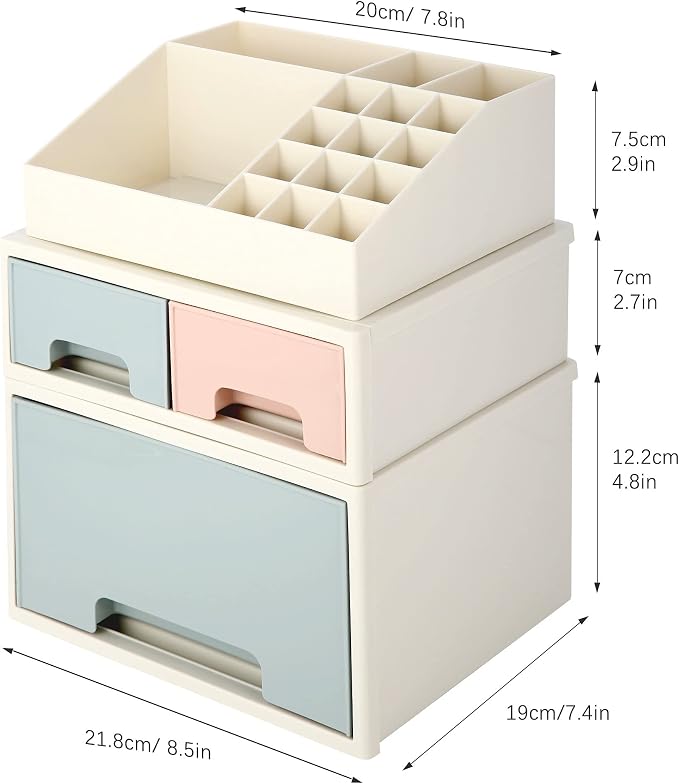 Makeup Organizer Box, Multifunctional Desk Storage Box Set, Pen/Pencil, Remote Control, Office Supplies, Business Card Holder, Free Combination, [TAF-07] w/ 3 Drawers + 16 Slots - Image 3