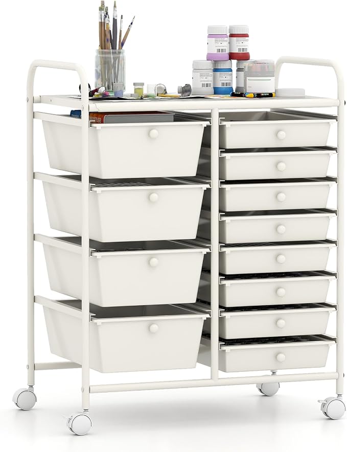 Giantex 12 Drawer Rolling Cart with Drawers, Storage Organizer Cart for Classroom Office School Teacher, Mobile Drawer Cart for Tools, Crafts, Small Printer, Ivory by Giantex