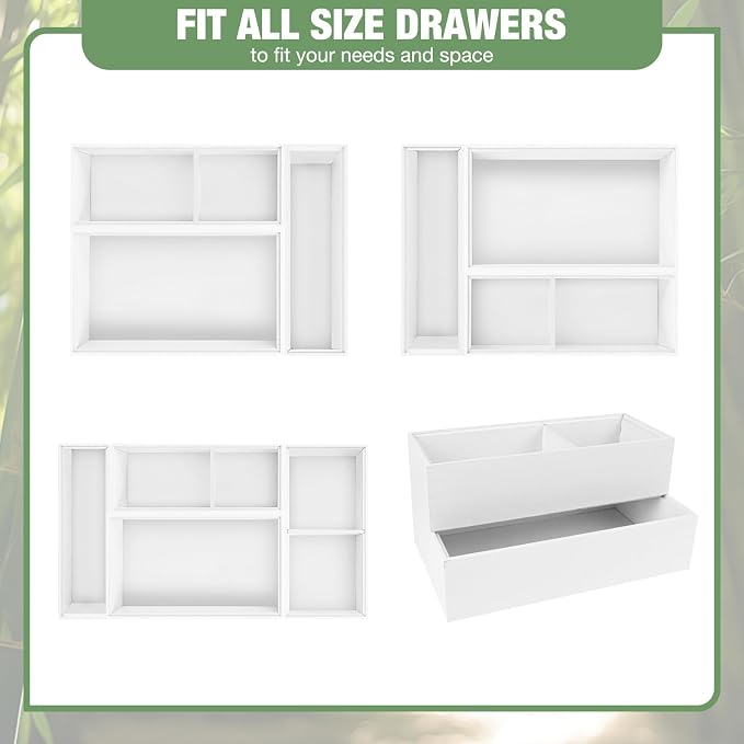 Bamboo Drawer Organizer,5 PCS White Bathroom Tray&Desk Organizers and Storage,Cabinet Divider With Removable Silverware Organization for Kitchen,Utensils,Junk,Office,Makeup - Image 4