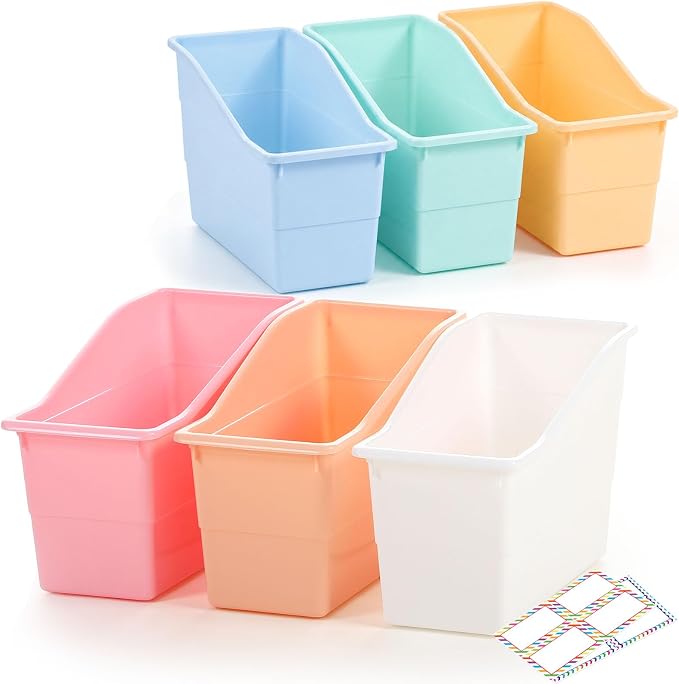 Blosssound 6 Set Book Bins for Classroom with Label Sticker Book Box Baskets Plastic Stackable Organizing Bins Storage & Organization for Classroom Library Home School Supplies (Cloud Pastel) by Blosssound