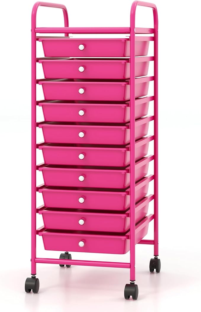 Giantex 10-Drawer Storage Cart w/Universal Wheel, Rolling Cart w/Handle, Home Organizer Storage Unit w/Removable Drawers, Trolley Utility Cart for Kitchen Makeup Living Room Office Play Room, Hot Pink - Image 9