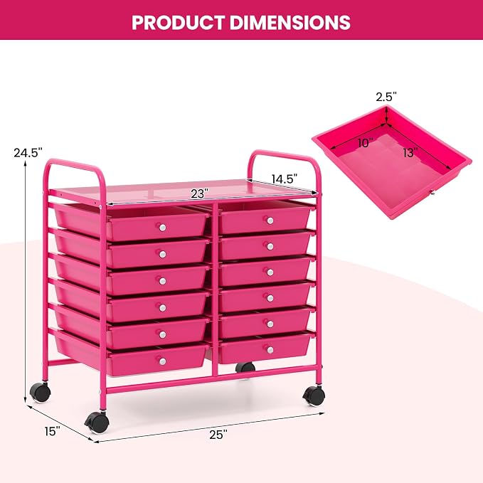 Giantex 12 Drawers Rolling Cart, Mobile Storage Drawer Cart, Classroom Organizer Cart for Office School Supplies Tools Scrapbook Paper Craft Small Printer, Utility Cart on Wheels, Hot Pink - Image 3