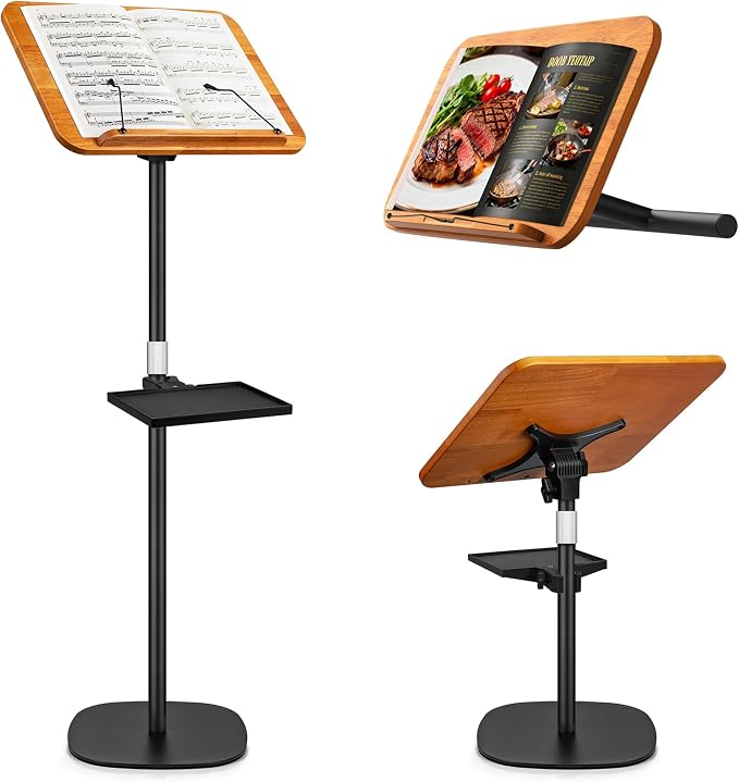 2 in 1 Dual-use Music Stand & Desktop Book Stand, Adjustable Height 16.5"-51", 100% Solid Wood Laptop Floor Stand Book Holder with Elastic Page Clips for Cookbooks (Brown with Tray) by Unknown