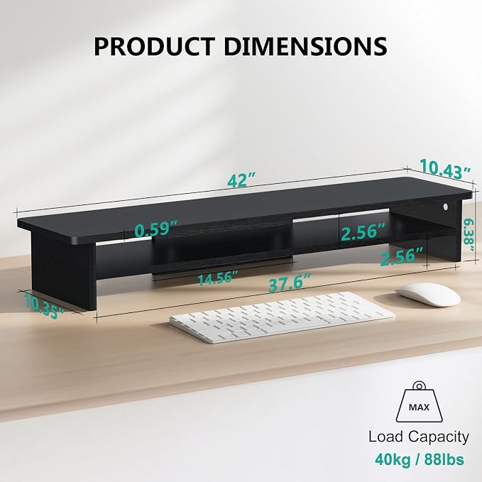 WALI 42 inch Large Wood Dual Monitor Stand Riser with Storage, up to 88lbs | Multi-Purpose Computer Stands, 2 Tier Desktop Organizer Desk Shelf for Home Office PC, Laptop, Printer, TV (WTT001), Black - Image 9
