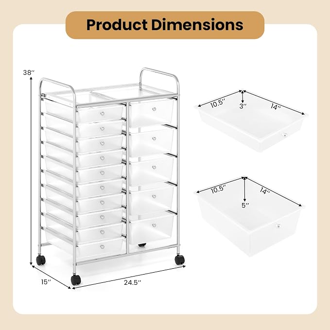 Giantex 15 Drawer Rolling Cart with Drawers, Storage Organizer Cart for Classroom Office School Teacher, Mobile Drawer Cart for Tools, Crafts, Small Printer, Clear - Image 3