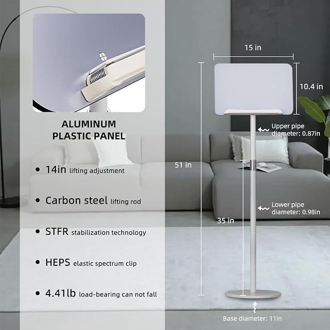 Floor Standing Book Stand, Adjustable Height and Angle Multifunctional Standing Reading Stand, Metal Material Music Sheet Stand, Support for Reading, Podiums(White) - Image 3