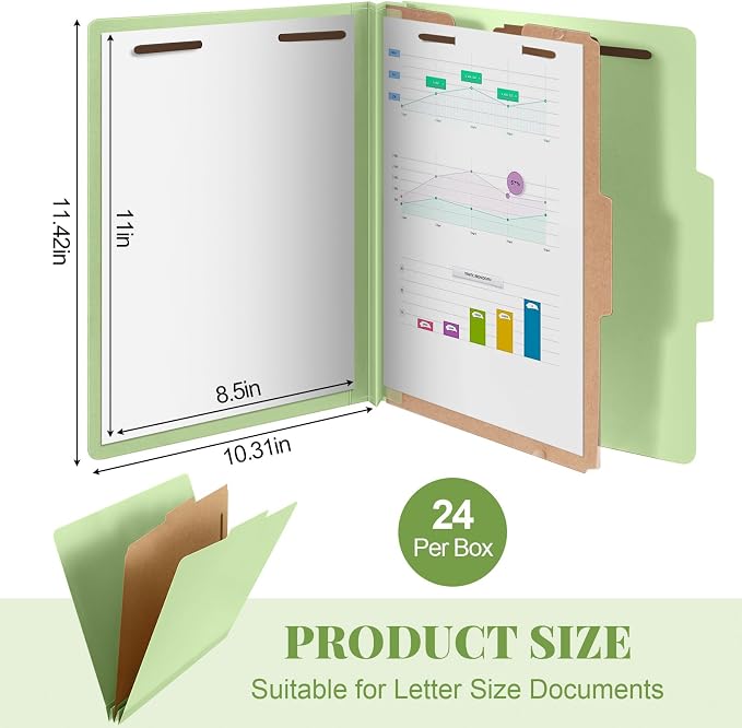 AmazingSpark 24 Pcs Classification Folder Letter Size Bulk 1 Divider Pressboard File Folder with Expansion 2 Prong Fastener Heavy Duty Office File Organizer for School Medical Document(Light Green) - Image 2