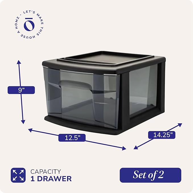 HOMZ 1 Drawer Storage Cart, Medium Plastic Container, Black Frame, 2 Pack | 14.25" Wide Medium Tote with 1 Smoke Tint Drawer for Organizing Bathrooms, Bedrooms, Home Offices, Closets, and Dorm Rooms - Image 3