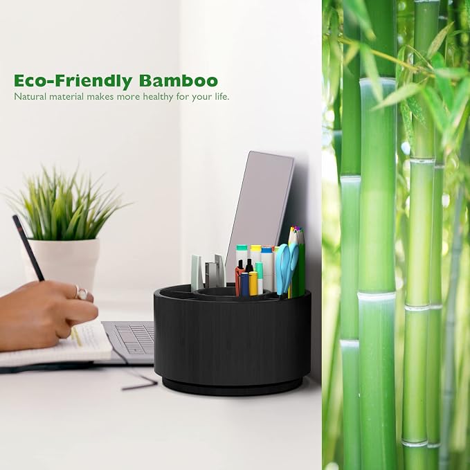 Bamboo Rotating Pencil Holder for Desk, Desk Organizer with 7 Compartments | Office Supplies Desktop Storage Caddy for Colored Pencils, Markers, Crayon, Comestics and Cutlery(Black ) - Image 3