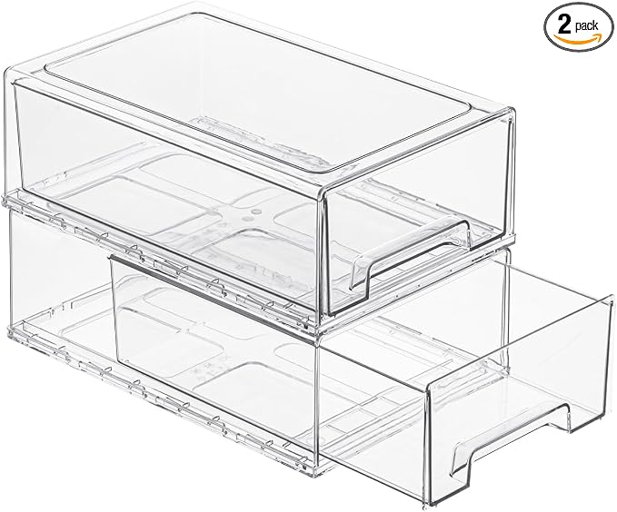 Clear Acrylic Stackable Storage Drawers, Plastic Refrigerator Organizer Bins with Handles for Undersink, Cabinet, Fridge, Closet, Pantry, Office, Bathroom, Kitchen(2 Pack) by PiJeyiee