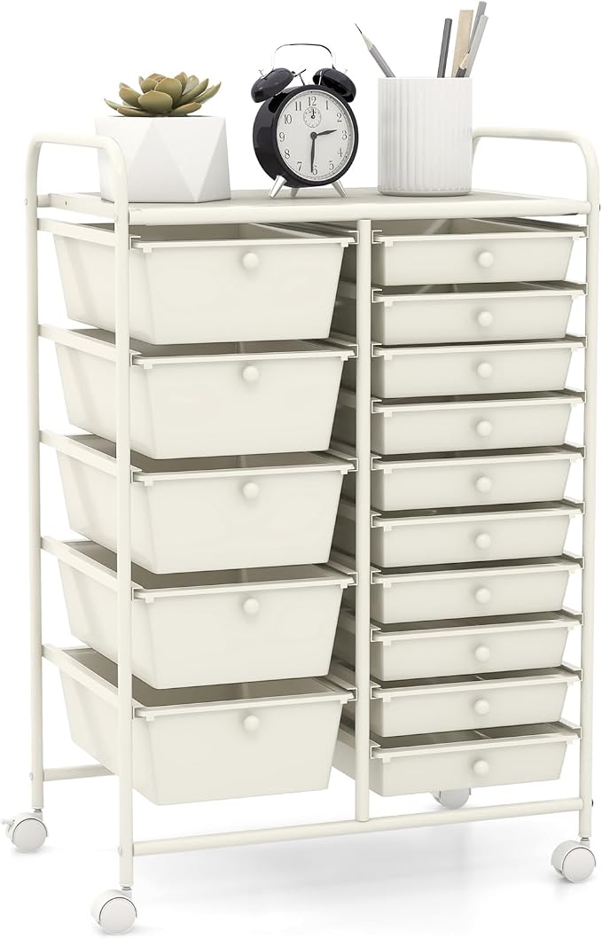 GOFLAME 15-Drawer Rolling Storage Cart, Craft Storage Cart with Removable Drawers & Lockable Wheels, Art Cart Supply Storage Organizer for Home Office Classroom, White by GOFLAME