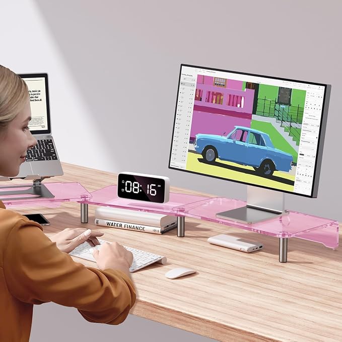 Pink Acrylic Dual Monitor Stand Riser，Adjustable Length Angle for 2Monitors | Double Computer Monitor Riser for Desk with Anti Slip Pad，Desktop organizer Stand for Laptop,PC,Printer,TV，Desk Accessories - Image 3