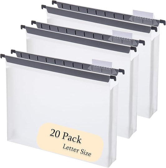 20 Plastic Large Capacity Hanging folders, Letter Size, with Labels | Expandable design creates extra capacity for bulky files while keeping documents organized and easy to access. by FeiBi