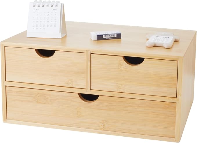 Charmewooden Bamboo Desk Organizer with 3 Drawers, Countertop Organizer with Drawers Makeup Storage Drawer 3 Drawers Tabletop Storage Organization Box Home Office Workspace by Charmewooden