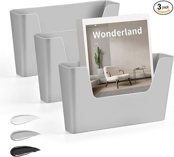 JOMOLA No Drilling File Holder 3 Pack Mail Organizer Wall Mount File Organizer Holder Office Wall Hanging Files Magazines Organizer Plastic Door Mount Wall Pocket with Adhesive Pad, Grey Color by JOMOLA
