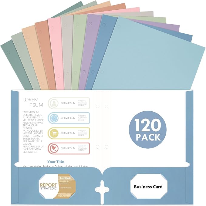 Folders with Pockets, 2 Pocket Folders Bulk (120 Pack, Assorted Colors), Paper Folders with Pockets 3 Hole Punched with Business Card Slot, Letter Size, File Folders for School Office Home by Bstoyder