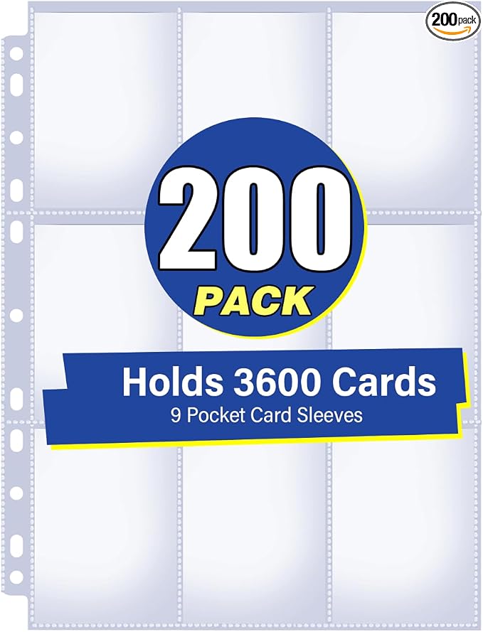 200 Pack 9 Pocket Card Sleeves Binder Sheets, Holds 3600 Cards, Trading Card Sleeves for 3 Ring Binder, Protective Pages Sheets for Baseball, Football, Business, Game Cards by Unknown