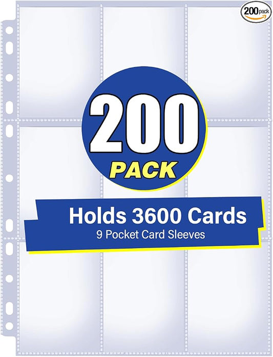 200 Pack 9 Pocket Card Sleeves Binder Sheets, Holds 3600 Cards, Trading Card Sleeves for 3 Ring Binder, Protective Pages Sheets for Baseball, Football, Business, Game Cards by Unknown