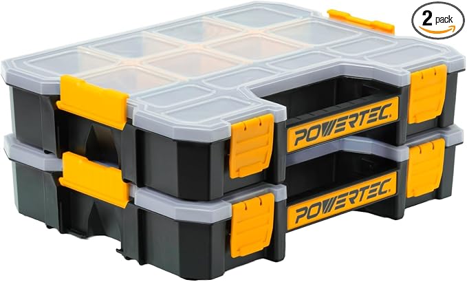 POWERTEC Small Parts Organizer & Tool Box – 14 Compartments, Stackable Storage with Interlocking Latch, Removable Dividers, Clear Lid, Portable Design, 2-Pack (72364-P2) by POWERTEC