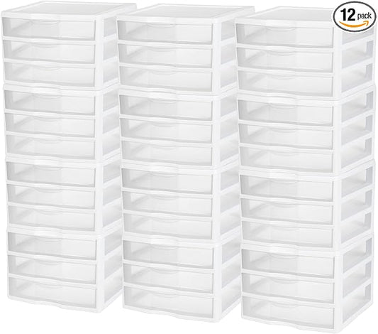 Sterilite 12-Pack Wide 3 Drawer Unit, Plastic Desktop Organizer with Clear Drawers, White Frame - Stackable Multi-Purpose Storage for Office Supplies, Craft Rooms, Classrooms and Home Organization by Sterilite