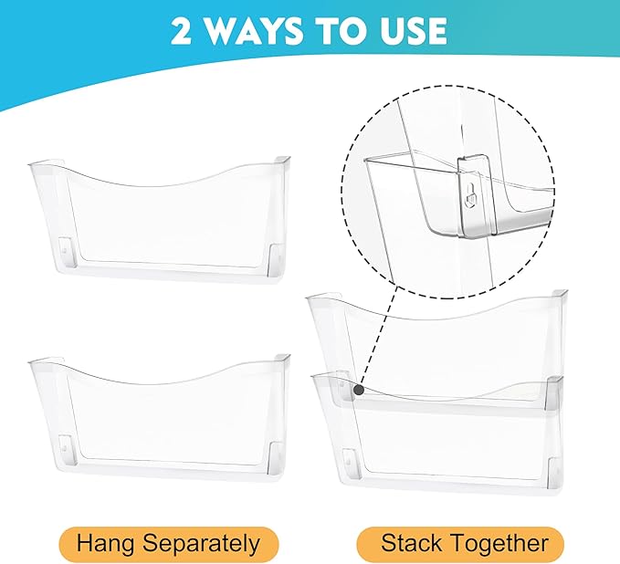 6 Pack Clear Single Pocket Hanging File Organizer, Plastic Wall Mount Paper Mails Magazines Holder, Mounted Folder Bins for Office School and Home, 13.85x3.14x6.88 inches - Image 4