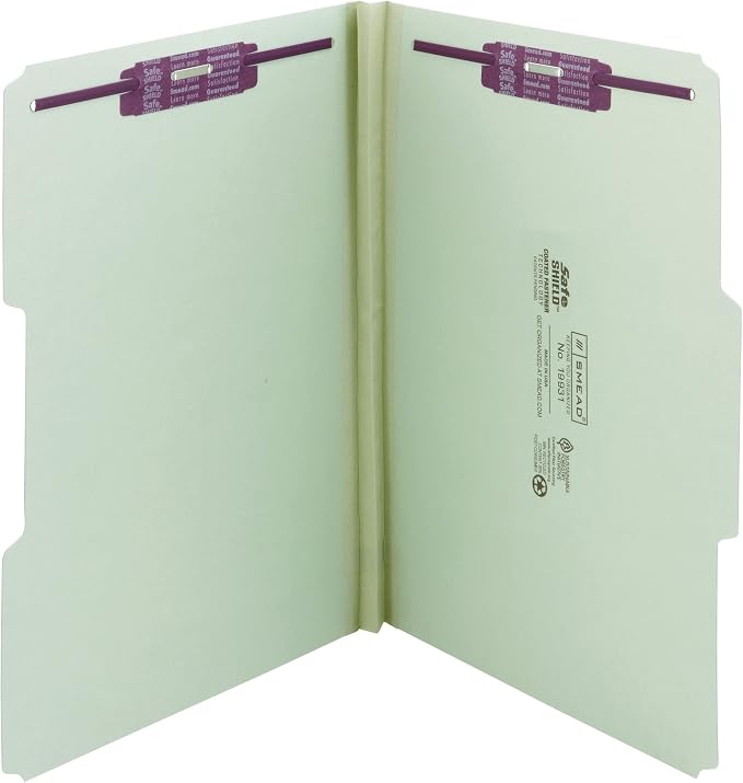 Smead Pressboard Fastener File Folder with SafeSHIELD Fasteners, 2 Fasteners, 1/3-Cut Tab, 1" Expansion, Legal Size, Gray/Green, 25 per Box (19931) - Image 5