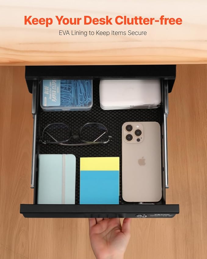 VEVOR Under Desk Lockable Slide Out Drawer, 13 inch Under Desk Pull-out Drawer for Sit Stand Workstation, Secure Under Counter Drawers for Home Office Storage Organizer, Black - Image 6