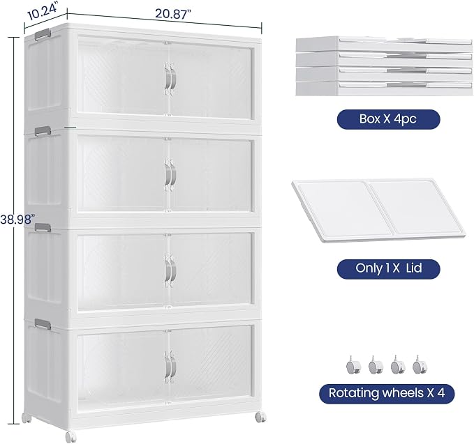 240QT Extra Large Stackable Storage Bins with Lid, 60Gal Plastic Closet Organizers and Storage Drawer, Collapsible Cabinet Box with Wheels Clear Doors for Home Kitchen Garage, 4Pack White - Image 2