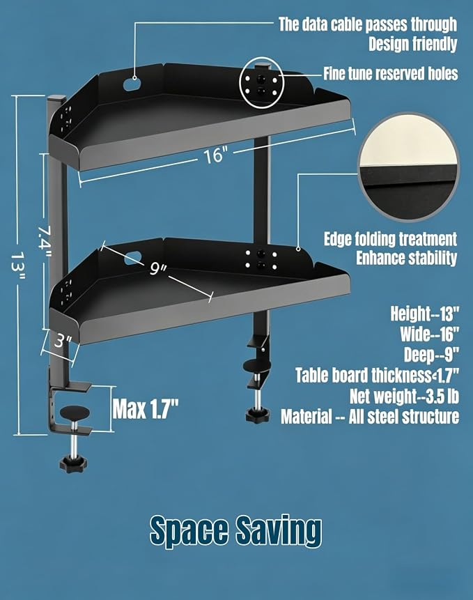 Yuxh Desk Clamp Corner Shelf 16 Inch, Black | Space-saving, clip on or under corner shelf for panel tabletop, office, study room & gaming setup, easy drill-free assembly - Image 2