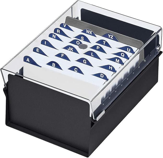 Acrimet 4 x 6 Card File Holder Organizer Box Metal Base Heavy Duty (AZ Index Cards and Divider Included) (Black Color with Clear Crystal Plastic Lid Cover) by Organizingyourlife