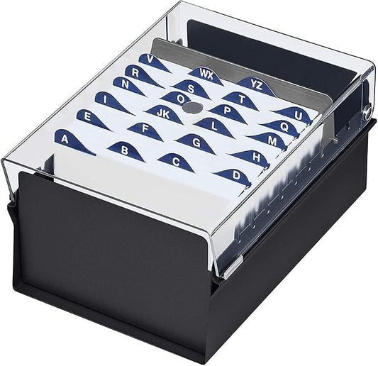 Acrimet 4 x 6 Card File Holder Organizer Box Metal Base Heavy Duty (AZ Index Cards and Divider Included) (Black Color with Clear Crystal Plastic Lid Cover) by Organizingyourlife