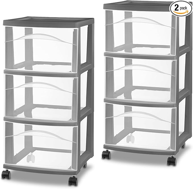 Sterilite 2 Pack 3 Drawer Storage Cart, Rolling Organization, Flat Gray | Clear Plastic Organizer Drawers with Wheels for Craft Supplies, Bath Essentials, or Home Accessories by Sterilite