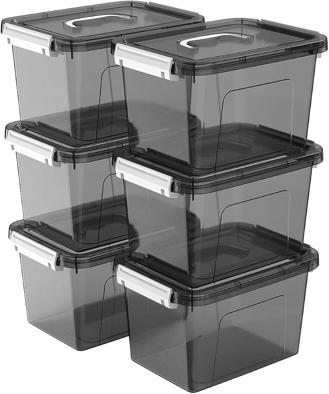 6 Quart Stackable Plastic Storage Bins with Lids, 6 Pack Clear Black Small Organizer Boxes with Latches for Bathroom, Pantry, Office Desk and Small Item Storage by JUJIAJIA
