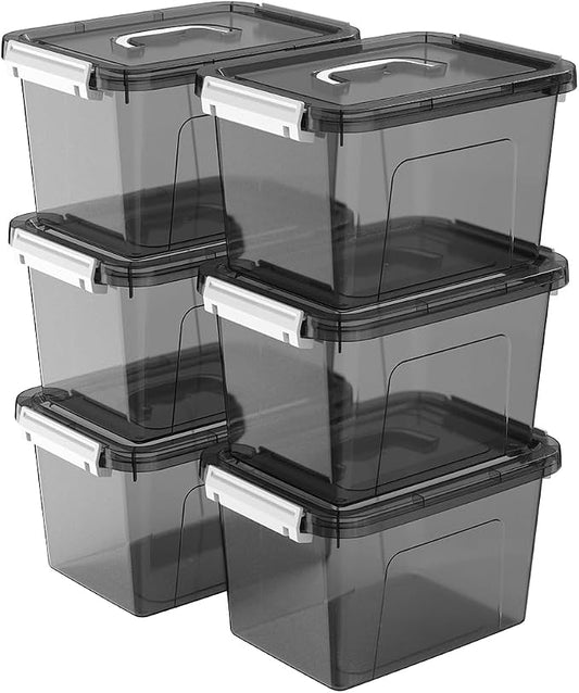 6 Quart Stackable Plastic Storage Bins with Lids, 6 Pack Clear Black Small Organizer Boxes with Latches for Bathroom, Pantry, Office Desk and Small Item Storage by JUJIAJIA