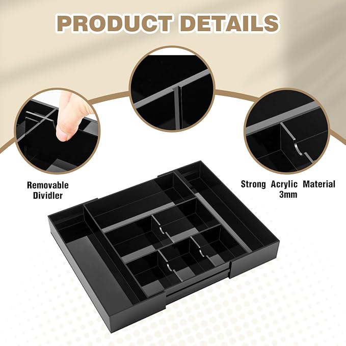 Briwooody Black Acrylic Drawer Organizer Expandable,8 Compartments,Large | 9'' up to 18'' x 12'' x 2.1'' Desk Drawer Organizer Trays Adjustable with Desk Accessories for Makeup Office Bathroom - Image 3