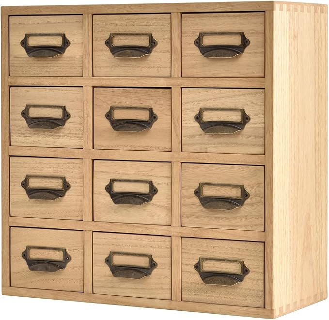 KIRIGEN Wooden Storage Cabinet, 12-Drawer Desktop Organizer Natural 12CG-NA | 12 Mini Drawers with Metal Label Holder Pulls for Cards, Crafts, Tea Bags, Jewelry, Office Supplies, and Small Parts by KIRIGEN